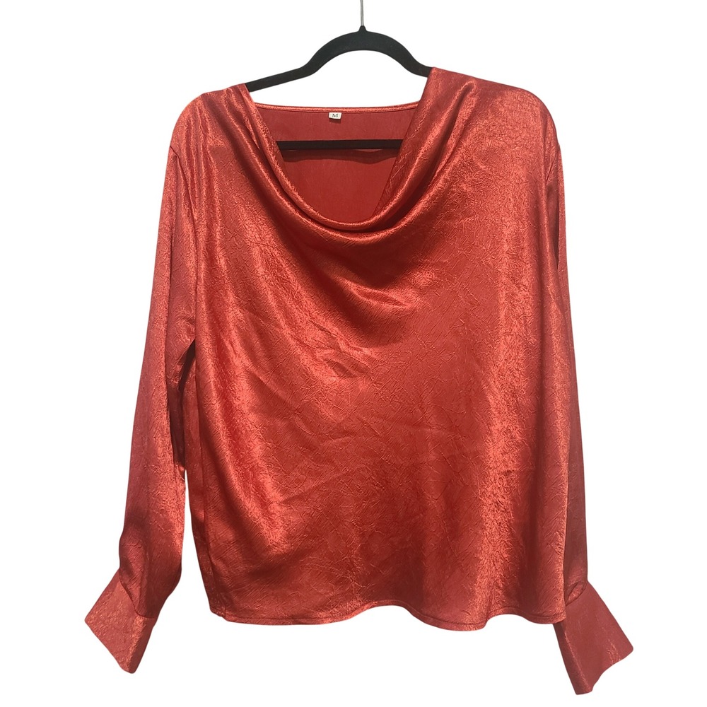 SHEIN Rust Red Crinkle Satin Cowl Neck Tie Back Blouse Top Medium Long Sleeve